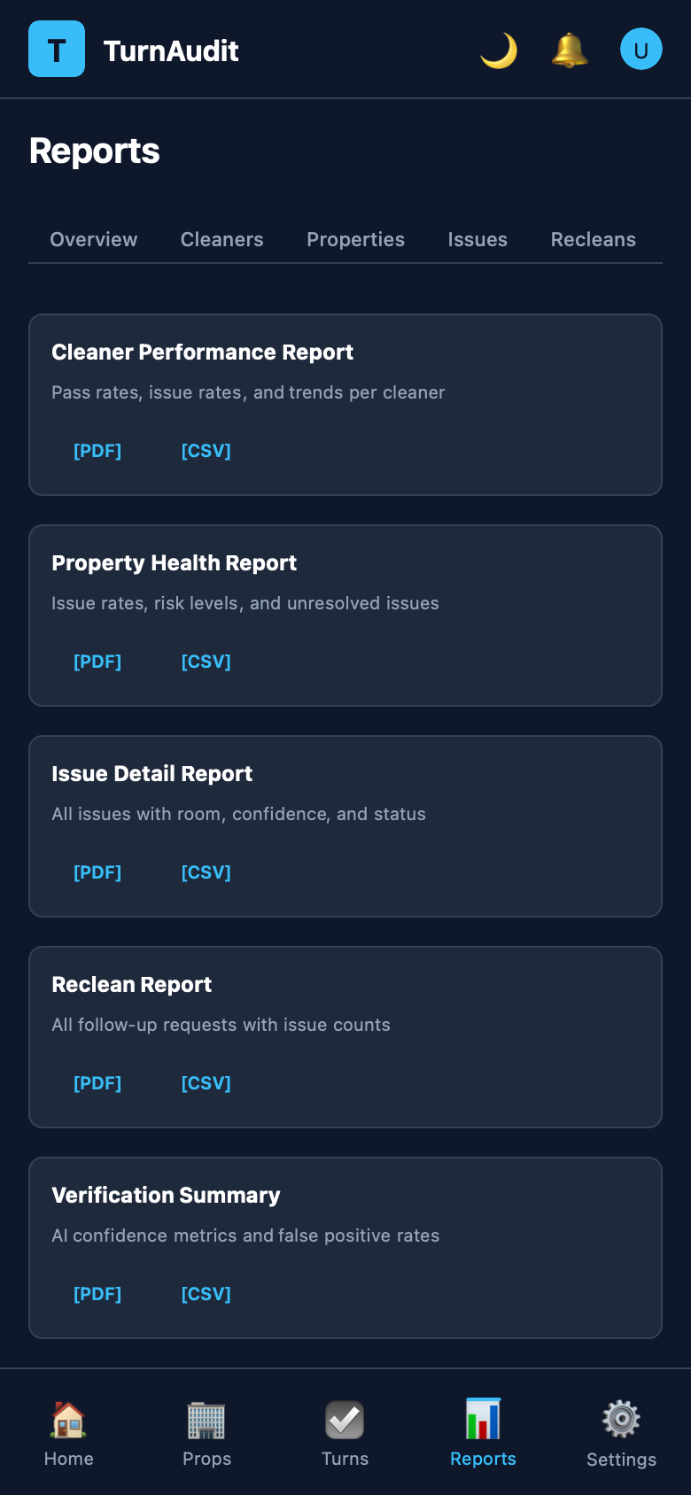 TurnAudit damage claim export screen showing timestamped before-and-after room photos, AI-generated issue descriptions, and a downloadable PDF evidence report