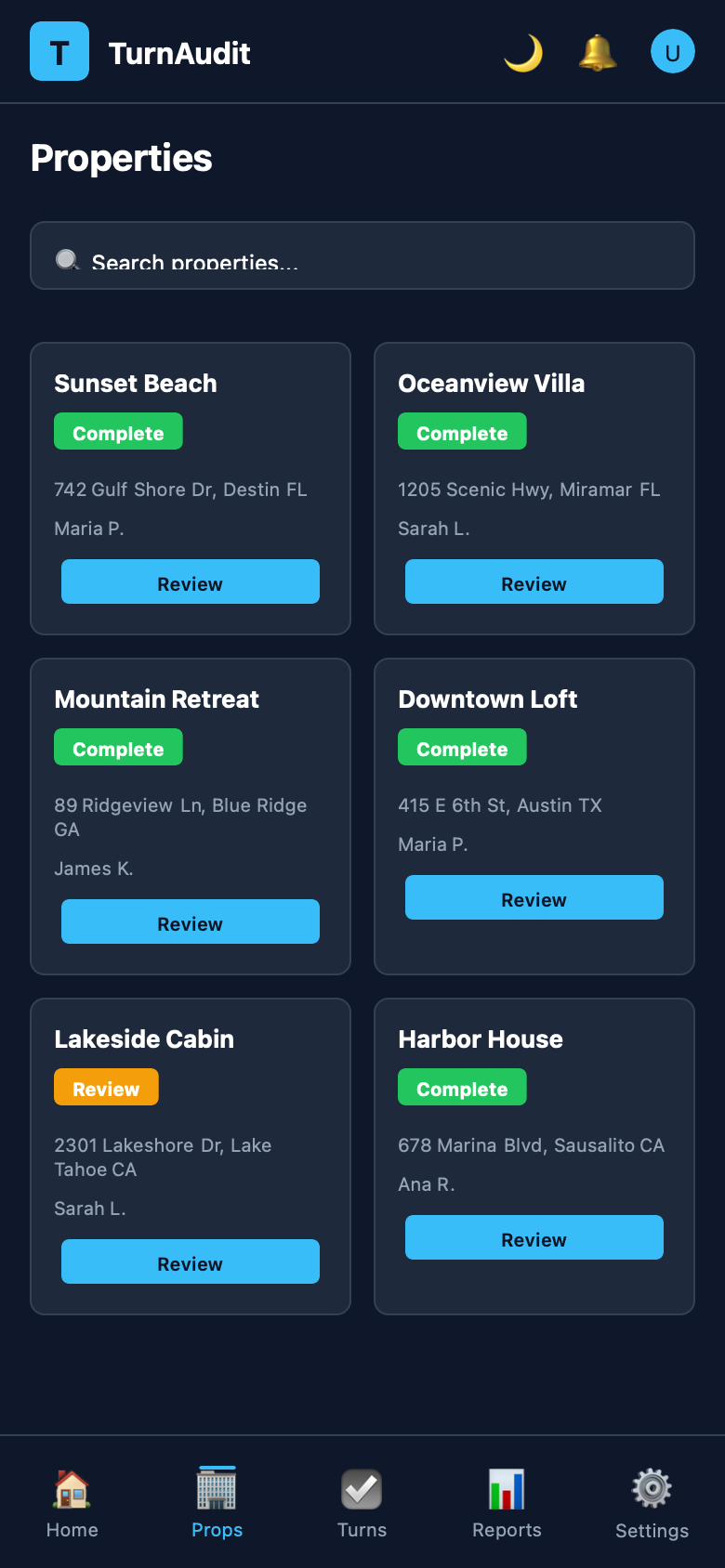 TurnAudit properties list view showing all managed properties and their current status