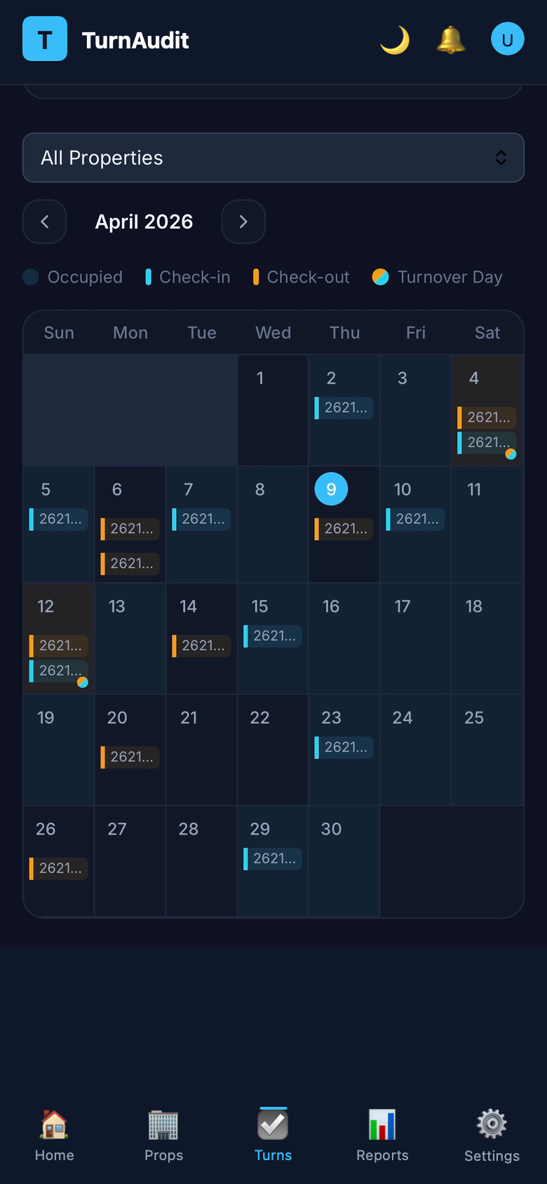 TurnAudit calendar sync view showing April 2026 with color-coded check-ins, check-outs, and turnover days across multiple properties