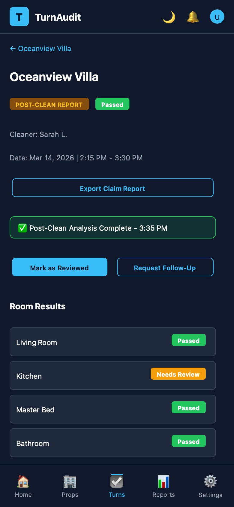 TurnAudit post-clean analysis screen displaying room-by-room comparison results with flagged issues highlighted in a property turnover report