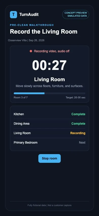 Concept preview of the cleaner pre-clean capture screen for Oceanview Villa using simulated September 26, 2026 data