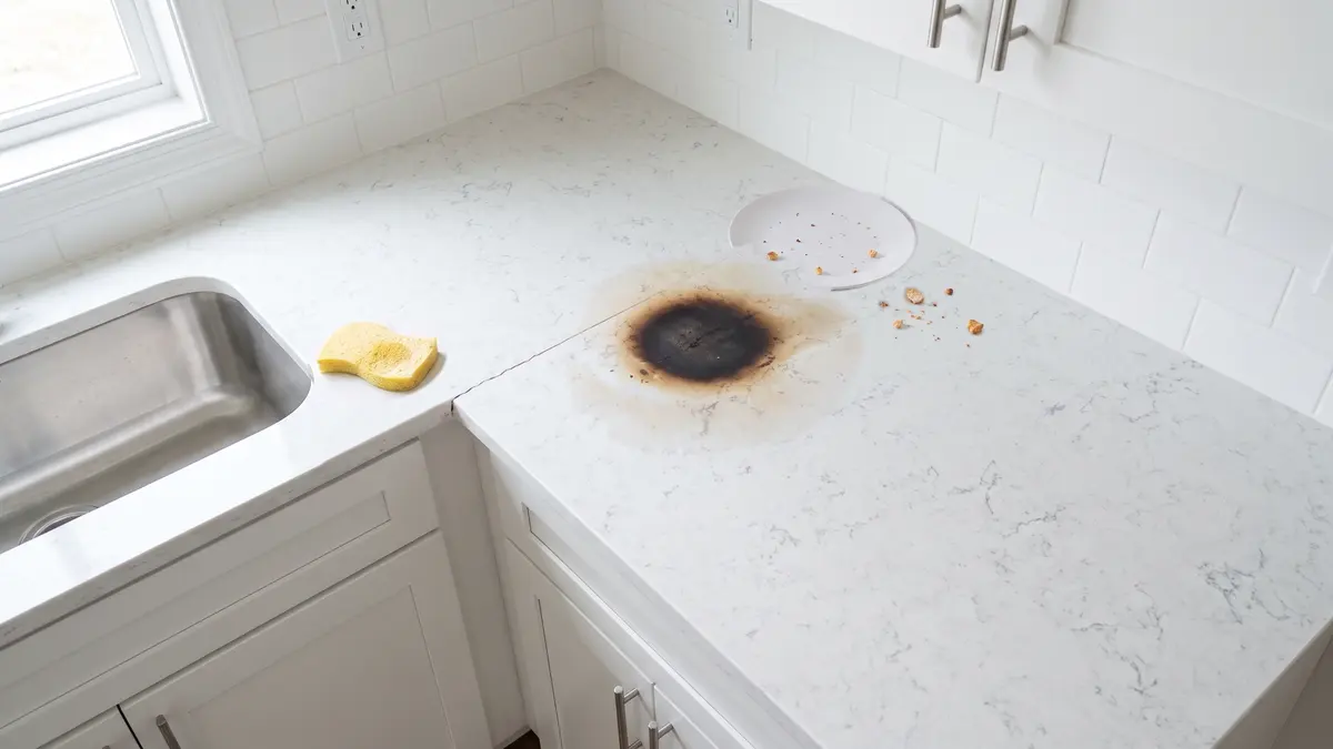 Example: kitchen counter after checkout, before cleaning, with a scorched patch and a hairline crack