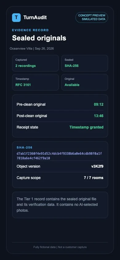 Concept preview of a sealed evidence record with SHA-256 and an RFC 3161 timestamp using simulated September 26, 2026 data