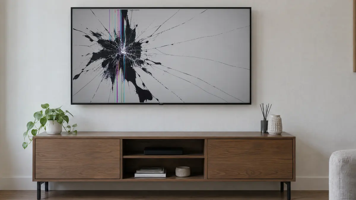 Example: the same living room after cleaning; the TV screen is still cracked.