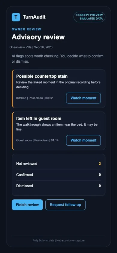 Concept preview of the redesigned owner advisory review with notes, timestamps, and Watch moment links using simulated September 26, 2026 data