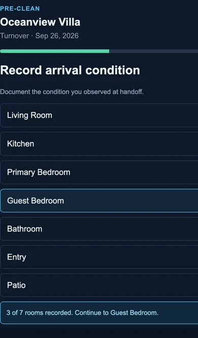Concept preview of a TurnAudit cleaner pre-clean capture at Oceanview Villa, using simulated September 26, 2026 data